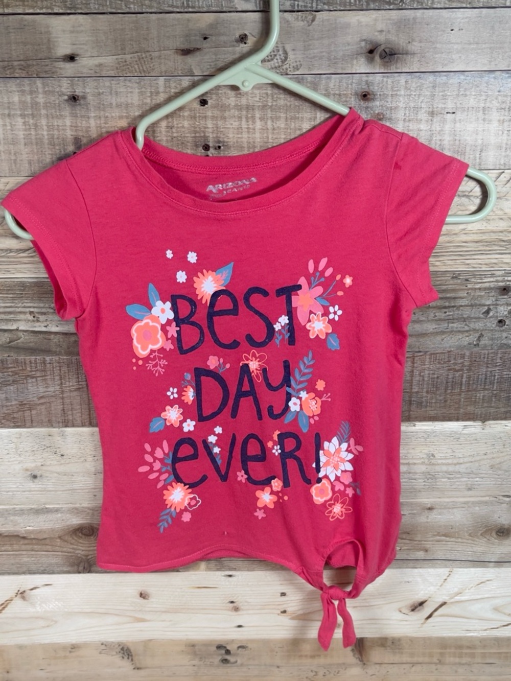 Arizona Jean Co Best Day Ever Girls L(6) Pink Shirt Floral Knot Short Sleeve Top